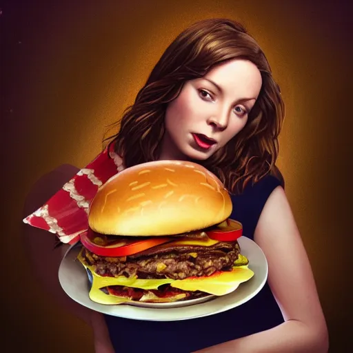 Prompt: portrait photography of Rebecca Ferguson eating a giant hamburger, extra ketchup and mustard with overflowing bacon lettuce and tomato, cinematic lighting, highly detailed, feminine ethereal, D&D, hearthstone, digital painting, artstation, concept art, smooth, sharp focus, illustration, art by Terry Moore and Greg Rutkowski and Alphonse Mucha