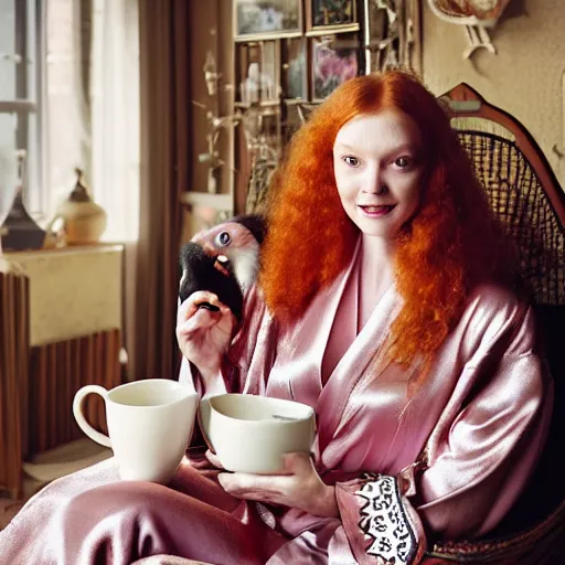 Image similar to a stunning hyper-detailed photo of one slender beautiful smiling woman with long ginger hair and bangs, wearing a luxurious silk robe, wearing headphones and posing with her large ginger tabby cat and her raccoon and parrots in an overstuffed easy chair in her sunlit victorian living room, holding a porcelain parrot-shaped coffee mug and a donut, perfect eyes, fashion photography, cinematic lighting, octane render, IBEX Masters, unreal engine, 85 mm lens