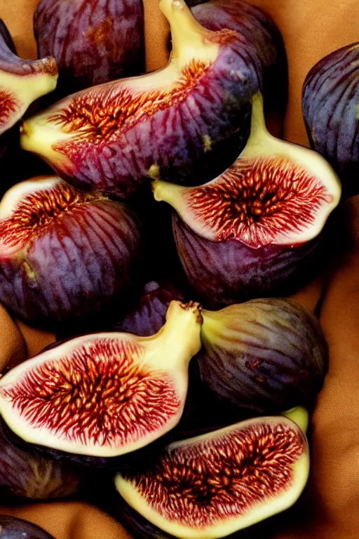 Image similar to Photo print of figs lying on a beige silk cloth, food photography, award winning, highly detailed, 4k, 1970s National Geographic.
