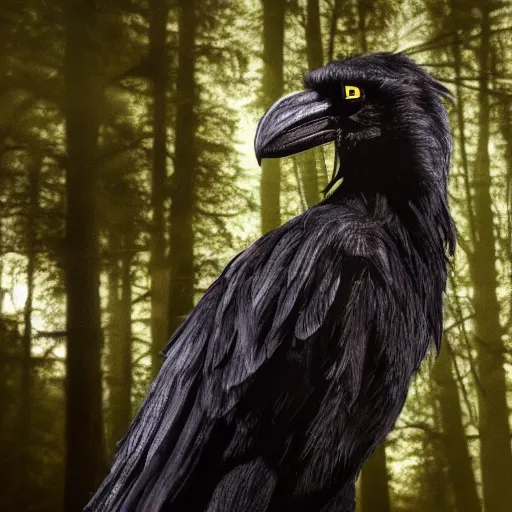 Image similar to werecreature consisting of a crow and a human, featured on artstation, photograph captured in a dark forest