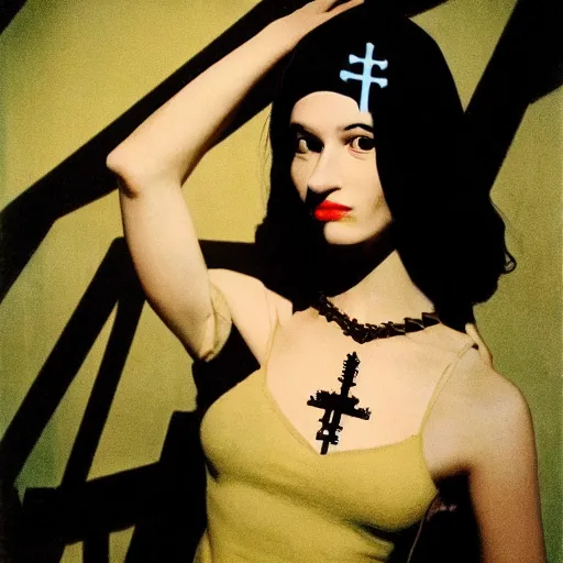 Image similar to full body shot, color slide, Kodak Ektachrome E100, studio photographic portrait of Death as a young pale, attractive girl, wears Egyptian Ankh Cross Pendant Necklace, Neo-Gothic, intricate, elegant, golden hour, gorgeous face, casual, socialist realism, punk, lifelike comic book character, member of the Endless, Nikon camera, 75mm lens, f/2.8 aperture, HD, sharp focus, rich deep moody colors, masterpiece image, highly detailed, Shutterstock, Curated Collections, Sony World Photography Awards, Pinterest, by Annie Leibovitz