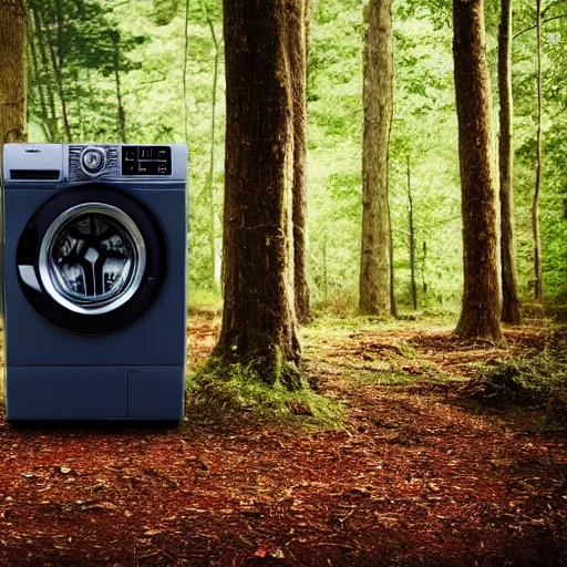 Prompt: sentient washing machine in a forest, cinematic atmosphere, photography