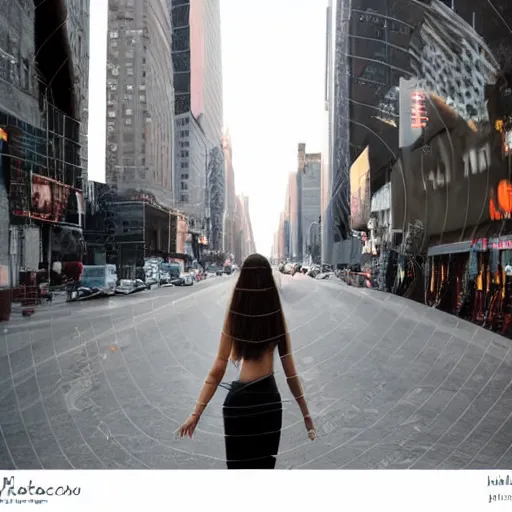 Image similar to a brunette girl, in her twenties, very long hair, dressed casually, walking from behind in the streets of new york, city lights, smoke, cinematic