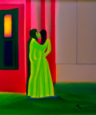 Image similar to a guy and a girl kissing, artwork by salman toor, cinematic light, atmospheric effects, oil on canvas