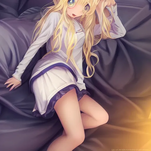Prompt: a very beautiful anime cute girl, full body, long wavy blond hair, sky blue eyes, full round face, short smile, fancy top, miniskirt, front view, medium shot, mid-shot, laying in bed, highly detailed, cinematic wallpaper by Stanley Artgerm Lau
