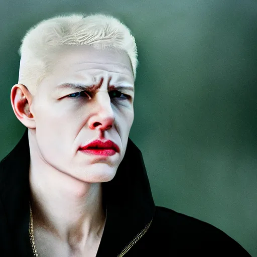 Prompt: realistic expired fuji film portrait of white albino tom cruise, hyperrealism, photorealistic, detailed, atmospheric, 8 k, award winning photography, style of vogue editorial, cinematic