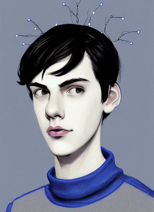 Image similar to portrait of teenage jughead jones wearing a light grey crown, crown, blue turtleneck, 1 9 5 0 s, closed eyes, photorealistic, black hair, glowing lighting, intricate, elegant, glowing lights, highly detailed, digital painting, artstation, concept art, smooth, sharp focus, illustration, art by wlop, mars ravelo and greg rutkowski