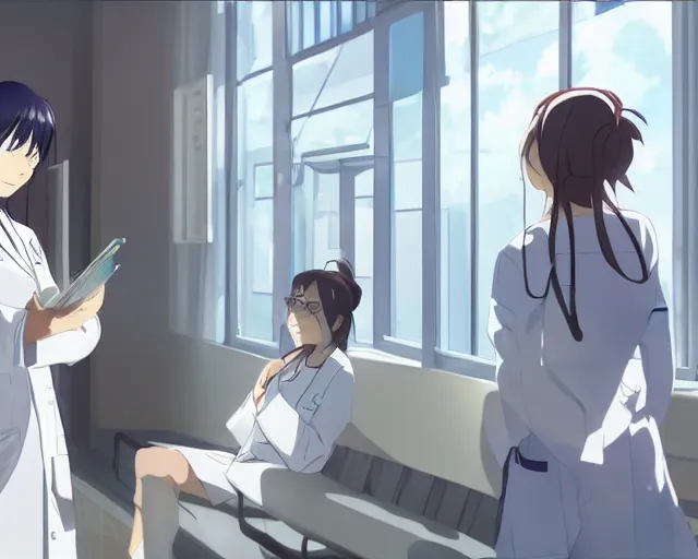 Image similar to a cute young female doctor wearing white coat are talking to a woman in a hospital, slice of life anime, lighting, anime scenery by Makoto shinkai