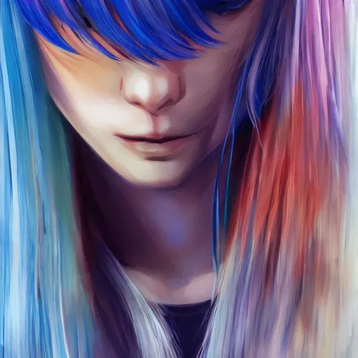 Prompt: full face shot of rimuru tempest, sky blue straight hair, long bangs, with amber eyes, wearing a blue sleeveless shirt, ultra detailed, brush strokes, digital painting, cinematic, wlop artstation, closeup, pixiv, intense, intimidating glare, no makeup, photorealistic, overpowering, andy warhol,