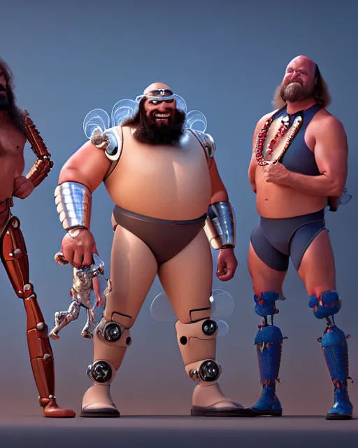 Image similar to disney pixar portrait 8 k photo of randy savage, terry bollea, jim duggan, arn anderson wearing elaborate jewelry : : as tesla cyborg man by pixar : : by weta, greg rutkowski, wlop, ilya kuvshinov, rossdraws, artgerm, annie leibovitz, rave, unreal engine, alphonse mucha : :