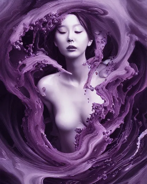 Prompt: oceanic goddess in a vortex of liquid smoke, black mauve smoke painting by wlop