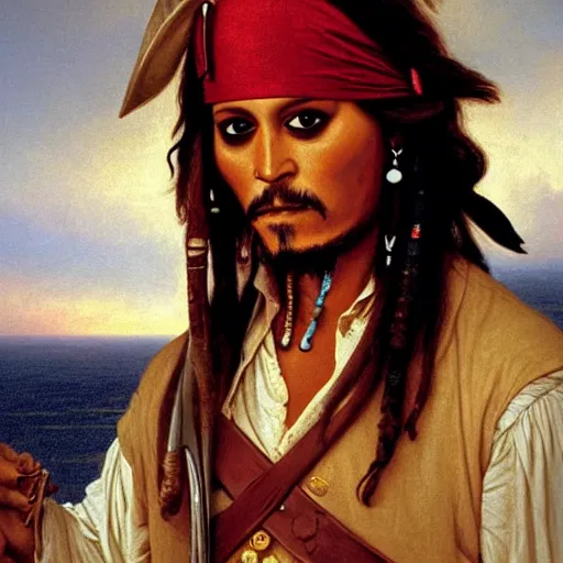 Prompt: Painting of Jack Sparrow. Art by William Adolphe Bouguereau. During golden hour. Extremely detailed. Beautiful. 4K. Award winning.
