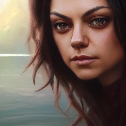 Prompt: a closeup portrait of a mila kunis, dramatic light, lake background, painted by stanley lau, painted by greg rutkowski, painted by stanley artgerm, digital art, trending on artstation