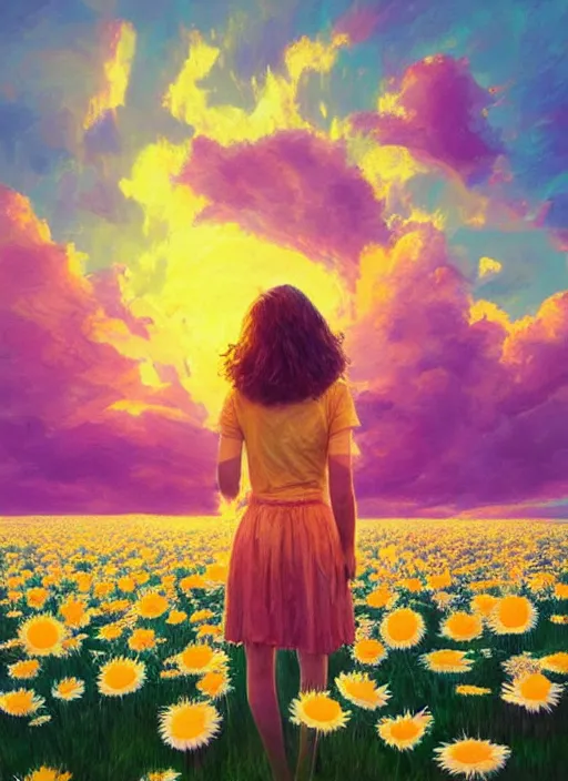 Image similar to portrait of a female face made of giant daisies, standing in a flower field, holding flowers, surreal photography, sunset dramatic light, impressionist painting, colorful clouds, large sky, digital painting, artstation, simon stalenhag