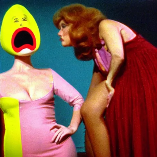 Image similar to 1974 woman on a television show with a long prosthetic snout nose, big nostrils, wearing a dress, 1974 French film color archival footage technicolor film expired film 16mm Fellini new wave John Waters Russ Meyer movie still