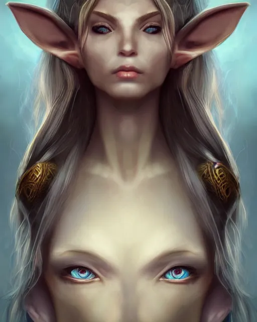 Image similar to beautiful female elf with shimmering hair, symmetrical face and eyes, by Jana Schirmer, cgsocietym Elden Ring