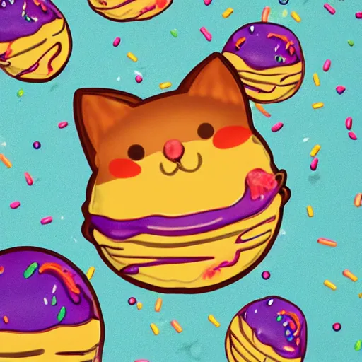 Image similar to cat with a pop sprinkle doughnut body flying though space shooting rainbows