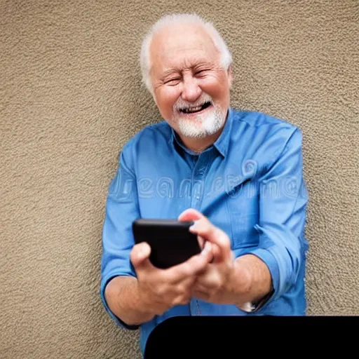 Prompt: hide the pain harold looking down and holding a phone in his hands, smiling, stock photo, professional lighting