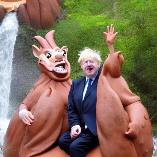 Prompt: Boris Johnson having the time of his life sitting alone riding splash mountain , Photographed by the ride