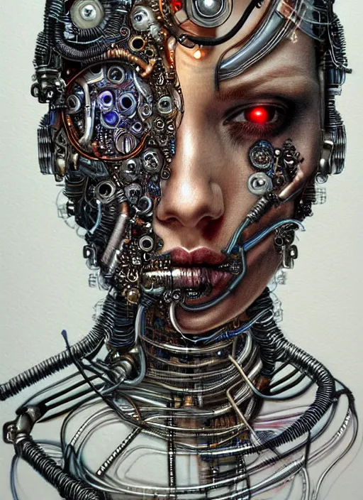 Image similar to biopunk cyborg portrait by julie bell, intricate biopunk patterns, vacuum tubes, detailed!, very sharp!!!