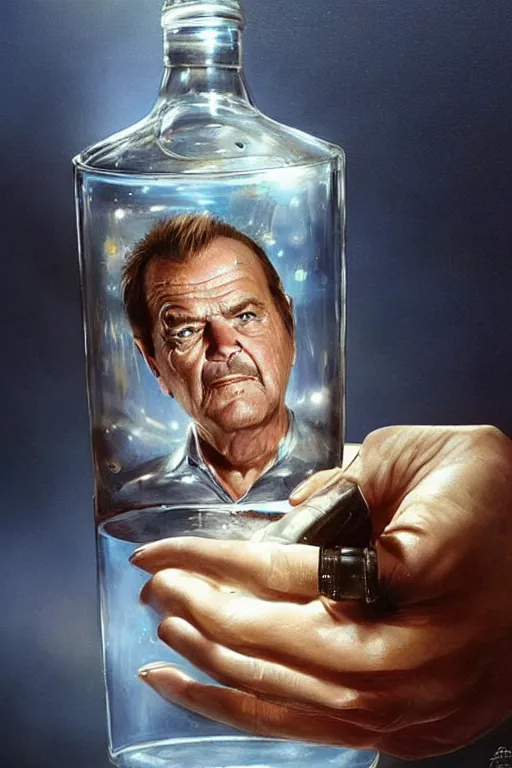 Image similar to a ship in a bottle but instead of a ship it is jack nicholson in the bottle, masterpiece painting by artgerm, greg rutkowski, tom bagshaw