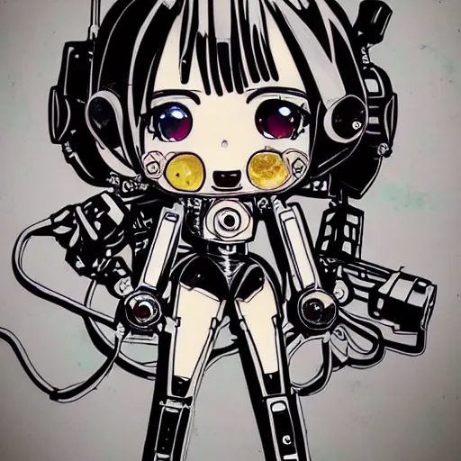 Image similar to Anime manga robot!! Anime girl tattoo, cyborg girl, exposed wires and gears, fully robotic!! girl, manga!! in the style of Junji Ito and Naoko Takeuchi, cute!! chibi!!! Schoolgirl