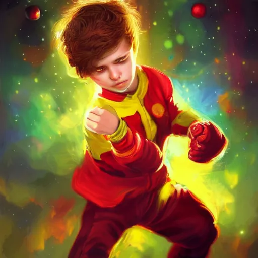 Image similar to colorful and festive captivating young child boy, brown fluffy hair, wearing red and yellow hero suit, shooting a yellow energy sphere out of his fist. full body, rich vivid colors, ambient lighting, dynamic lighting, 4 k, atmospheric lighting, painted, intricate, highly detailed by charlie bowater