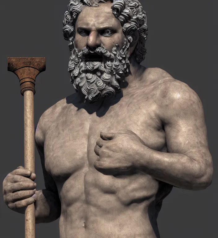 Image similar to masterpiece portrait of a greek god hephaestus, top lighting, holding forge hammer, creepy, disfigured, dslr, shallow depth of field, cryengine, lumion render, 8 k realistic hyper detailed, digital painting, artstation, concept art, ray tracing, realistic shaded