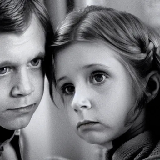 Image similar to film still of carrie fisher and mark hamill as children in new star wars movie, dramatic lighting, highly detailed face, kodak film, wide angle shot,