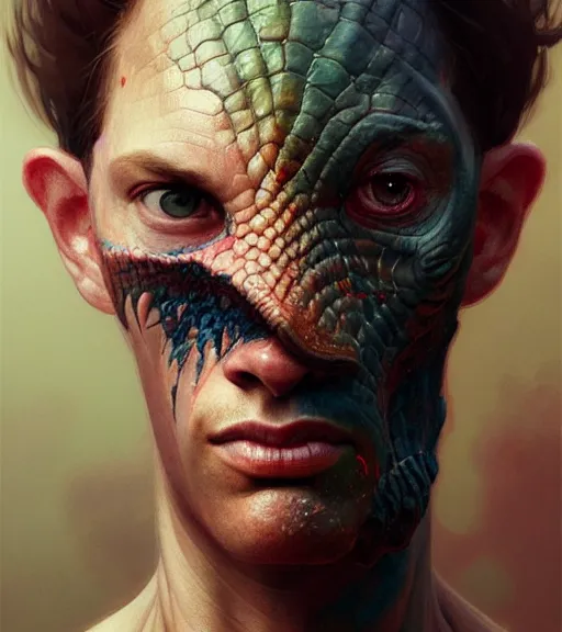 Prompt: portrait of a man, half face skin injured torn revealing dinosaur skin, highly detailed, digital painting, artstation, concept art, smooth, sharp focus, illustration, art by wlop, mucha, artgerm, and greg rutkowski