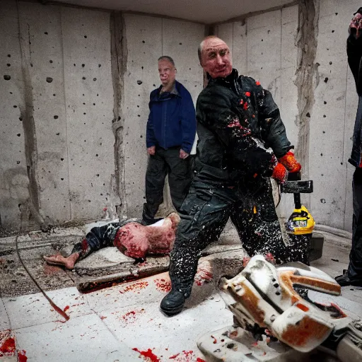 Prompt: putin with a chainsaw and a corpse. in a concrete room, looks like a bunker. focus on putins face with blood splatters. canon eos r 3, f / 1. 4, iso 8 0 0, 1 / 1 6 0 s, 8 k, raw.