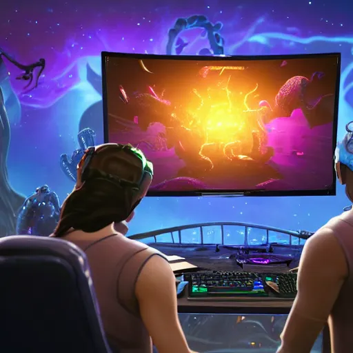 Prompt: view from behind of an eldritch lovecraftian cosmic horror wearing headset watching monitor displaying fortnite, intricate detail, cinematic composition