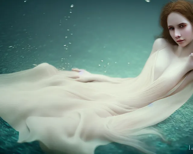 Image similar to beautiful hyperrealistic female portrait, porcelain skin, in long flowy dress, very detailed, underwater, cinematic volumetric lighting, soft bokeh, glow, 8 k, by lexi laine, by wlop