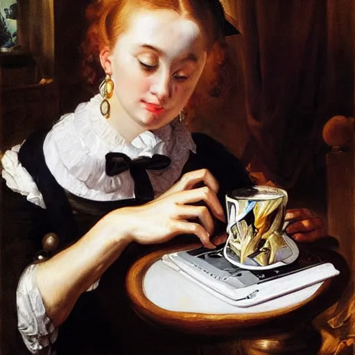 Image similar to heavenly summer sharp land sphere scallop well dressed lady working on her laptop while drinking a starbucks coffee, auslese, by peter paul rubens and eugene delacroix and karol bak, hyperrealism, digital illustration, fauvist