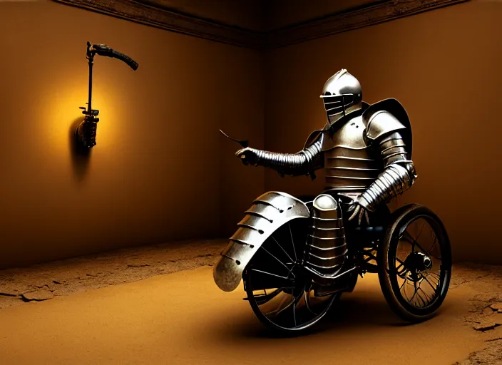 Prompt: knight in armor in a motorcycle dirt helmetin a wheelchair do tricks & watch old tv, rome, highly detailed, soft lighting, elegant, by edward hopper and james gillard, zdislaw beksinski, stephen outram, andreas m wiese, highly detailed, masterpiece. fashion studio lighting. edward _ hopp, unreal 6, 8 k