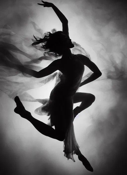 Image similar to a Photorealistic dramatic hyperrealistic render of a beautiful Female smoke dancer by Ken Brower and Deborah Ory of NYC Dance project,Lois Greenfield,Flowing cloth and smoke,Beautiful dynamic dramatic dark moody lighting,volumetric,shadows,cinematic atmosphere,Octane render,8K