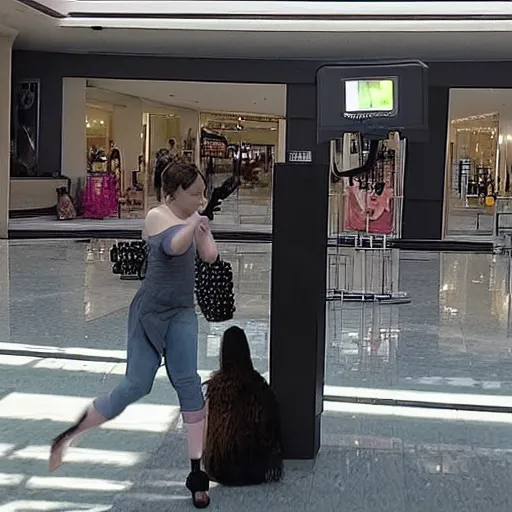 Prompt: security camera footage of two witches performing a summoning ritual in the middle of a mall