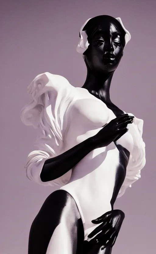 Image similar to extremely beautiful female black marble statue in the style of virgil abloh, colorful motocross logos behind her, sharp focus, clear, detailed,, cinematic, detailed, off white, glamourous, symmetrical, vogue, editorial, fashion, magazine shoot, glossy