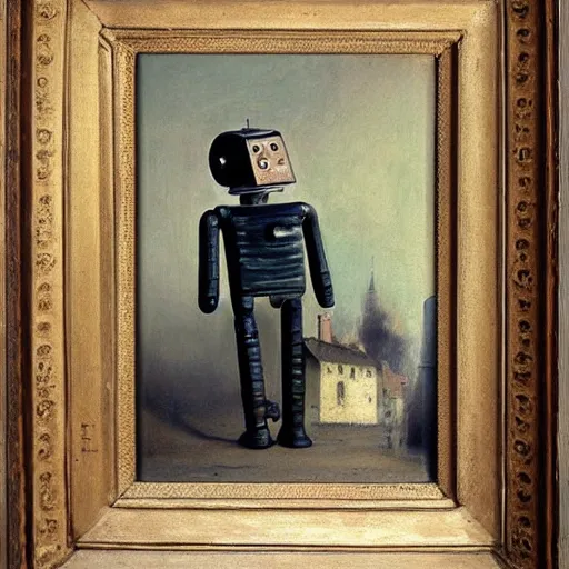 Image similar to android poete maudite, starving robot artist in a parisian garret, baudelaire, nineteenth - century domestic realism, oil on canvas