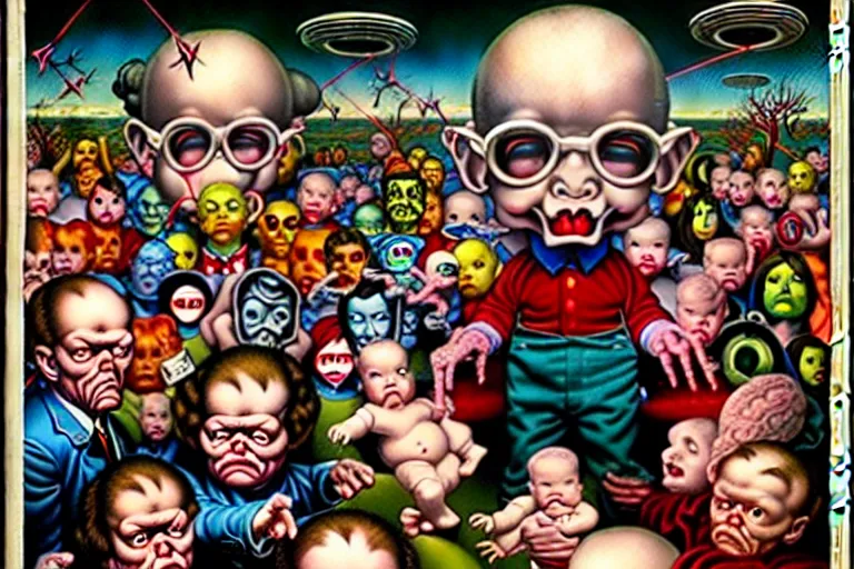 Prompt: a sparsely populated strange battle in an old hospital between old people and babies Robert Williams Mark Ryden and Alex Gross, Todd Schorr highly detailed deep perspective perfect composition