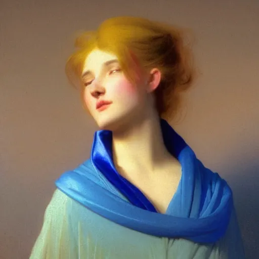 Image similar to a young woman's face, her hair is white and she wears an cobalt blue satin cloak, by ivan aivazovsky and syd mead and moebius and gaston bussiere and roger dean and pieter claesz and paul delaroche and alma tadema and aelbert cuyp and willam claesz, hyperrealistic, volumetric light, octane render