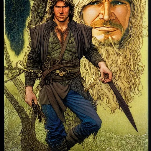 Image similar to a realistic, very beautiful and atmospheric portrait of young harrison ford as a druidic warrior wizard looking at the camera with an intelligent gaze by rebecca guay, michael kaluta, charles vess and jean moebius giraud