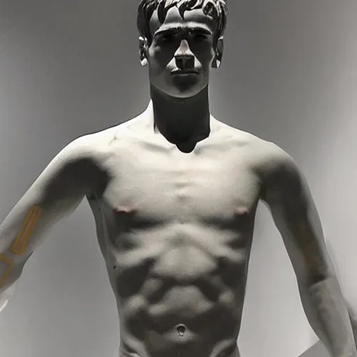 Image similar to “ a realistic detailed photo of a guy who is an attractive humanoid who is half robot and half humanoid, who is a male android, soccer player antoine griezmann, shiny skin, posing like a statue, blank stare, at the museum, on display ”