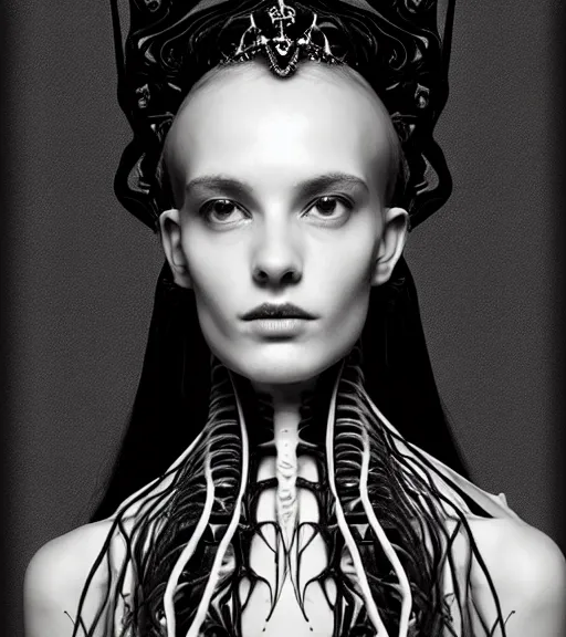Image similar to dark background, a black and white high quality dreamy photo of a young beautiful female queen-vegetal-dragon-cyborg bust with a very long neck and delicate Mandelbrot fractal face, anatomical, facial muscles, veins, arteries, elegant, highly detailed, flesh highly baroque ornate, hair are curled wired cables, elegant, poetic, dreamy, mysterious, high fashion, rim light, in the style of Ellen von Unwerth, Realistic, Refined, Digital Art, Highly Detailed, Cinematic Lighting, rim light, black and white, photo-realistic, 8K