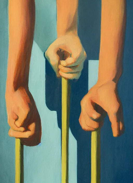 Prompt: three hands holding a hammer painted by Edward Hopper and James Gilleard
