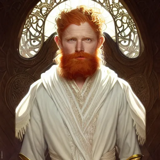 Image similar to beautiful natural middle aged male ginger god wearing a white perizoma, intricate, elegant, highly detailed, digital painting, artstation, concept art, smooth, sharp focus, illustration, art by artgerm and greg rutkowski and alphonse mucha and loish and WLOP