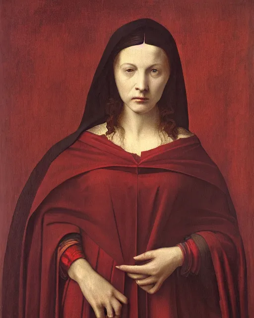 Image similar to a painting of a woman wearing a red cloak, a flemish baroque by petrus christus, unsplash, renaissance, da vinci, pre - raphaelite, studio portrait