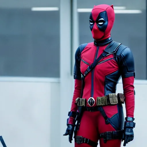 Image similar to film still, Margot Robbie in deadpool suit