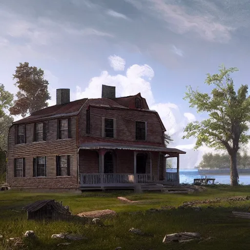 Image similar to colonial house on the shore of Lake Huron, felix Kelly, artstation, Matte painting