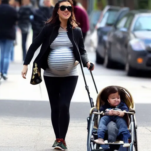 Prompt: Pregnant Alexandra D'addario walking down the street, paparazzi photo
